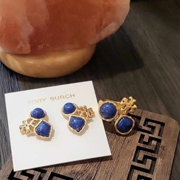Tory Burch Gold and Royal Blue Stud Earrings and Ring Sizeb7 - Picture 2 of 5